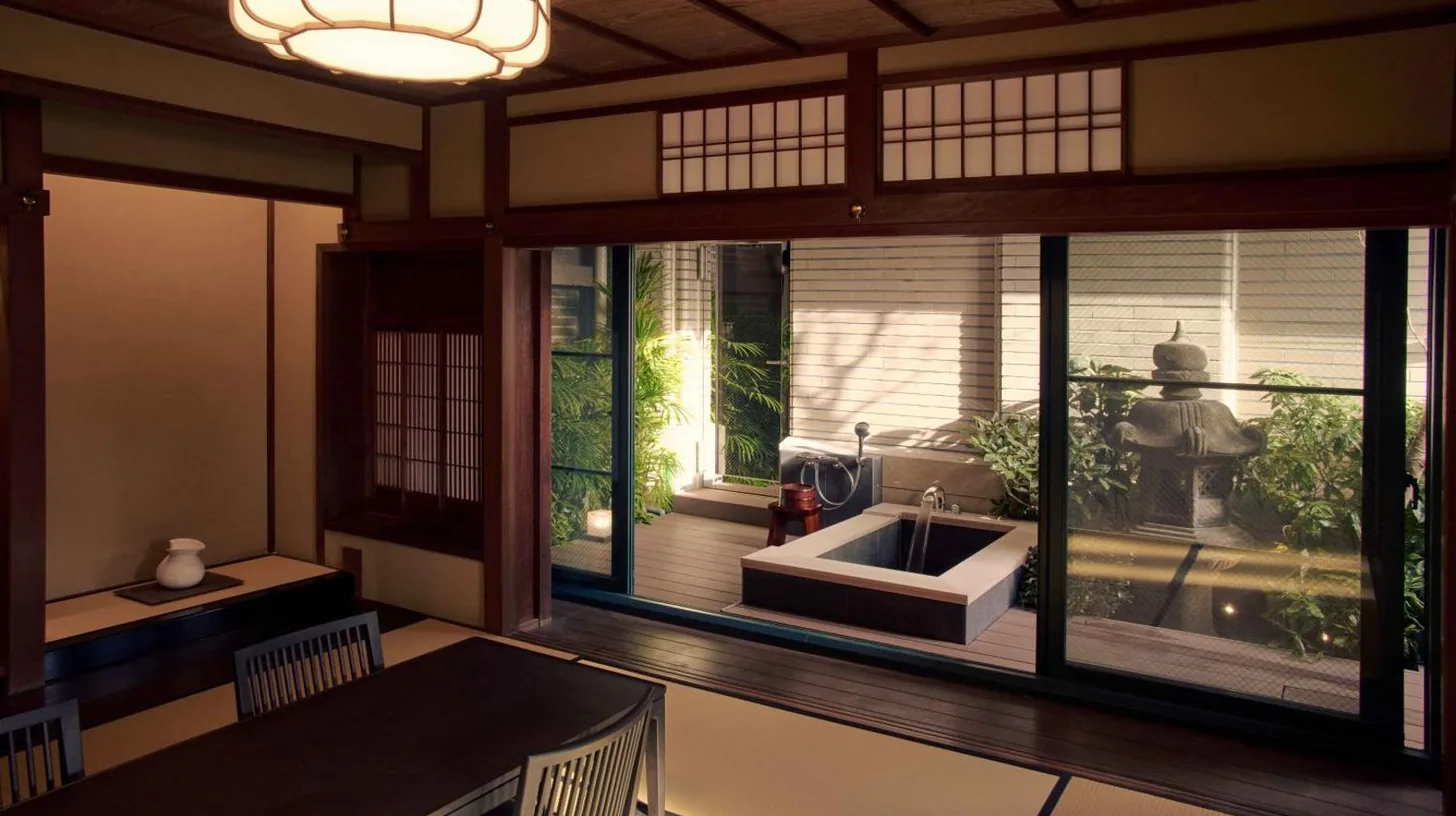 a room with a large window with a sink in it at Marufukuro in Kyoto