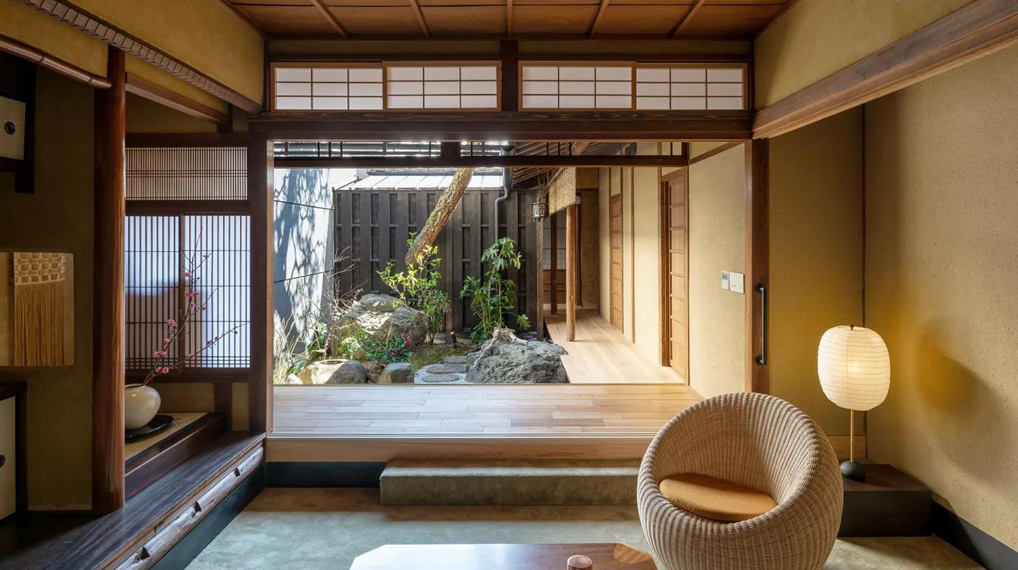a room with a table and a chair and a window at Nazuna Kyoto Gosho in Kyoto