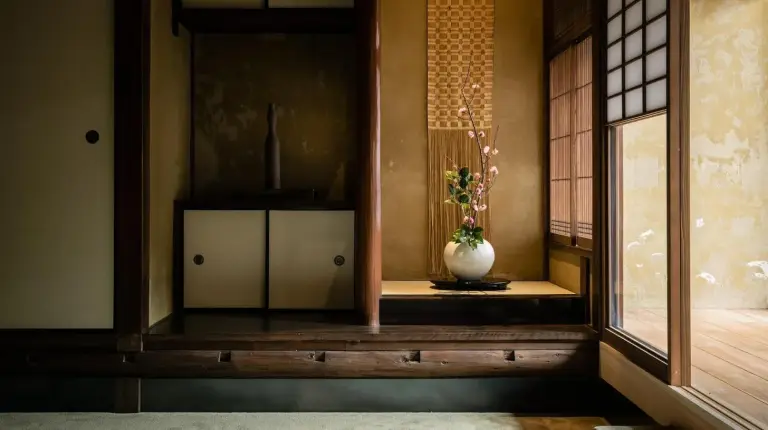 a room with a window with a vase in it at Nazuna Kyoto Gosho in Kyoto