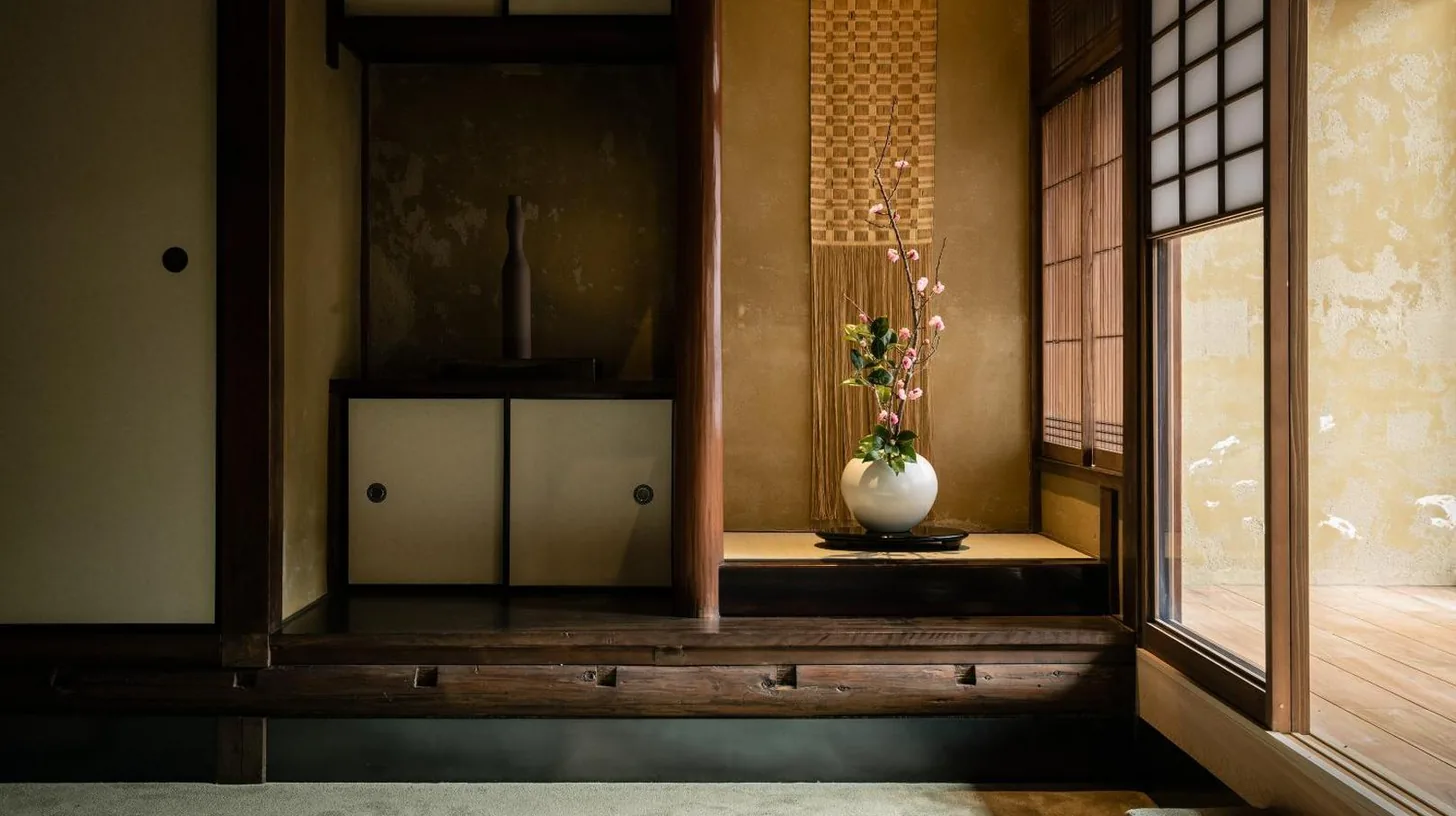 a room with a window with a vase in it at Nazuna Kyoto Gosho in Kyoto