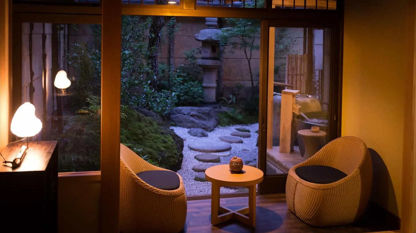 une terrasse avec deux chaises et une table au Nazuna Kyoto Nijo-jo à Kyoto