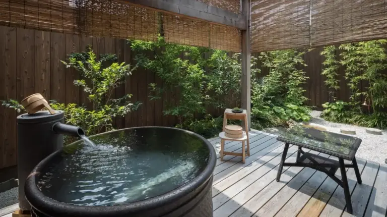 un bain à remous sur une terrasse en bois au Nazuna Kyoto Nijo-jo à Kyoto