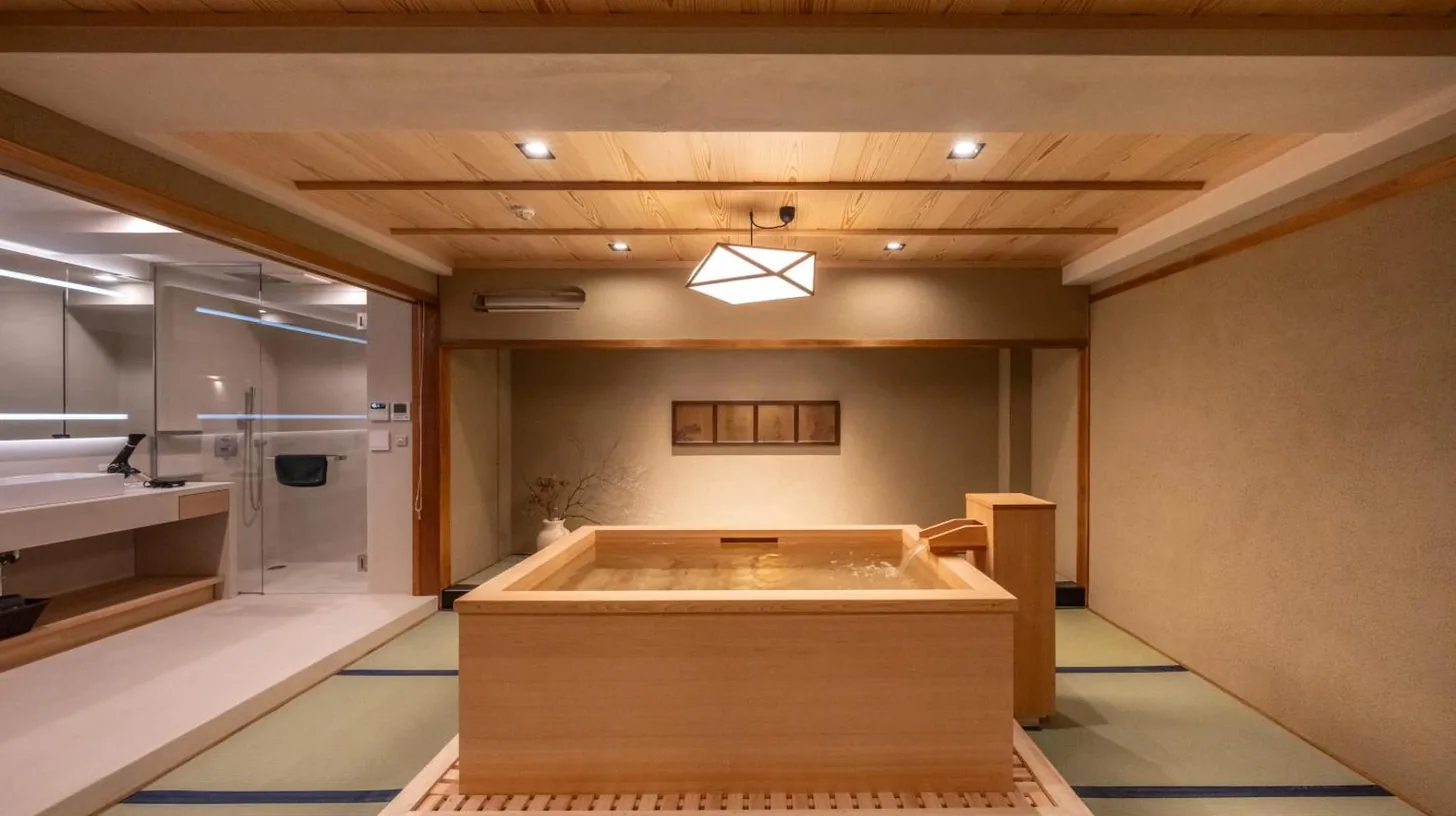 a bath tub in the middle of a room at Nazuna Kyoto Nishi Honganji in Kyoto