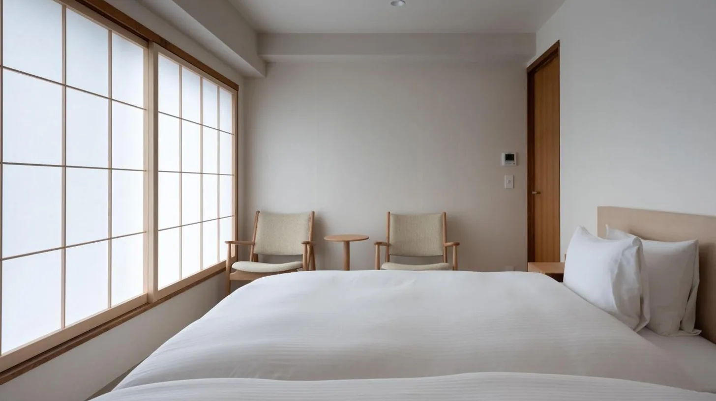 a bedroom with a large white bed and two chairs at Nazuna Kyoto Nishi Honganji in Kyoto