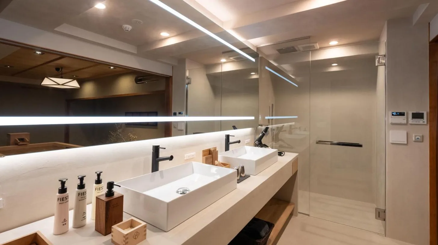 a bathroom with two sinks and a mirror at Nazuna Kyoto Nishi Honganji in Kyoto