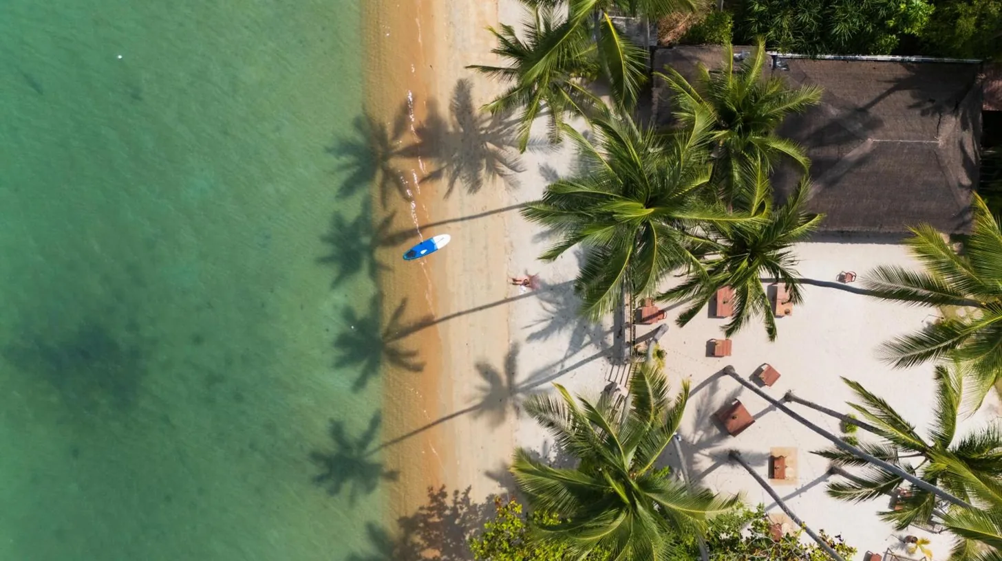 an overhead view of a beach with palm trees and the ocean at Nikki Beach Resort & Spa Koh Samui in Lipa Noi