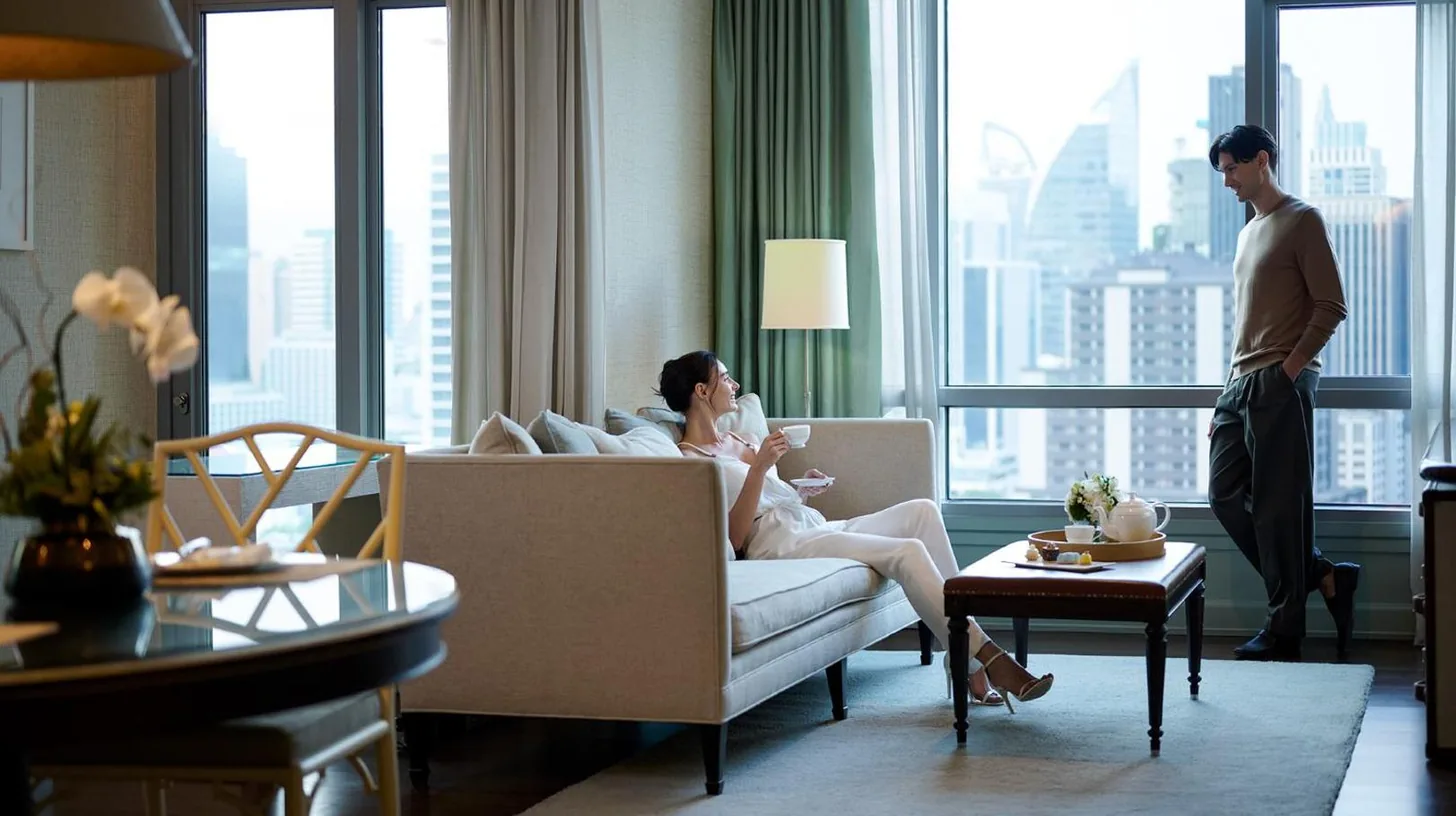una mujer sentada en un sofá en una sala de estar en Oriental Residence Bangkok en Bangkok