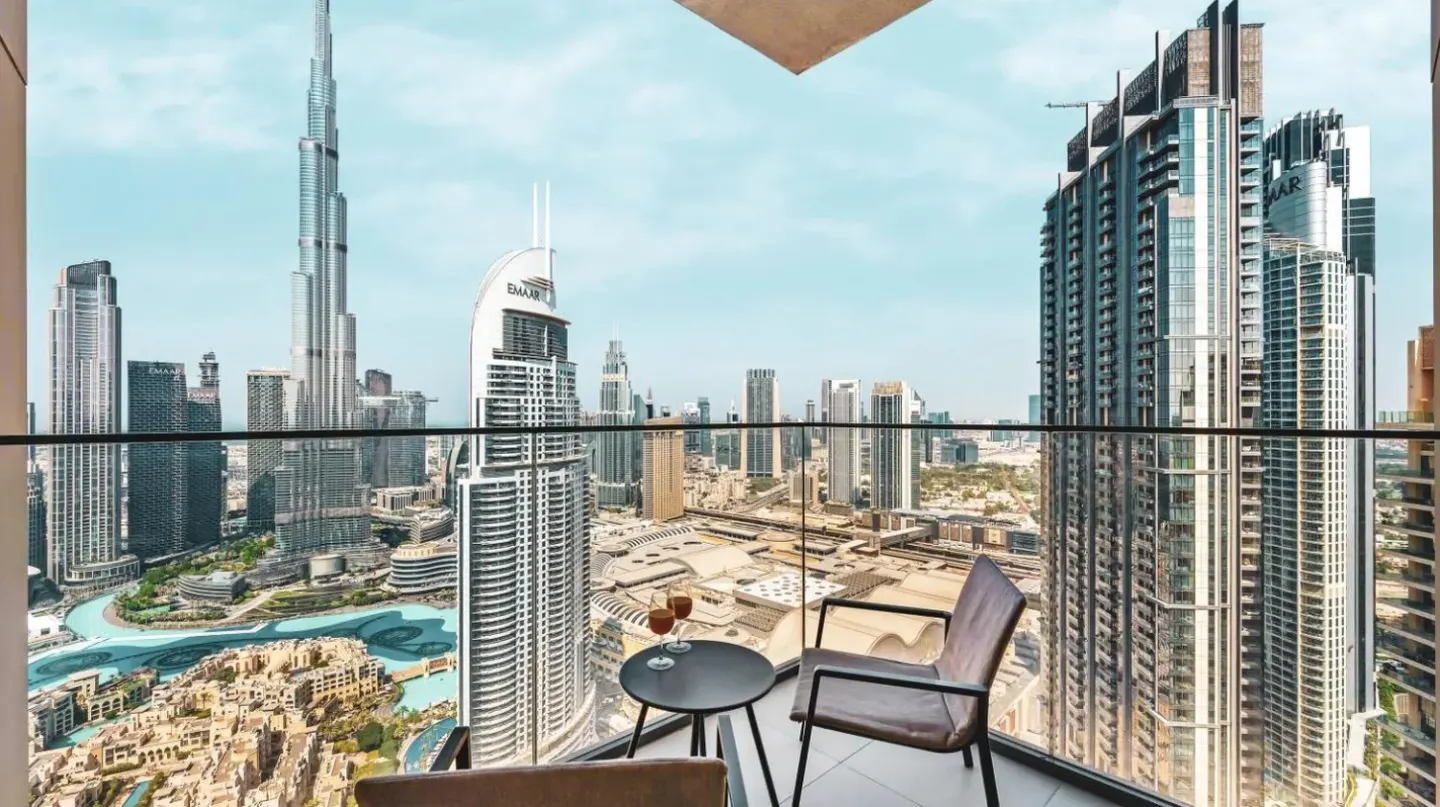 a balcony with a view of a city at Panoramic Burj Khalifa Views at Burj Royale by Propigo in Dubai