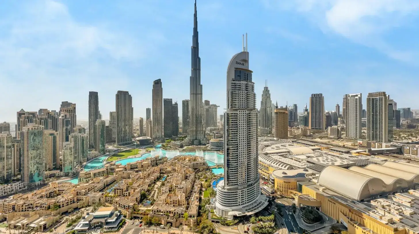 an aerial view of a city with a tall skyscraper at Panoramic Burj Khalifa Views at Burj Royale by Propigo in Dubai