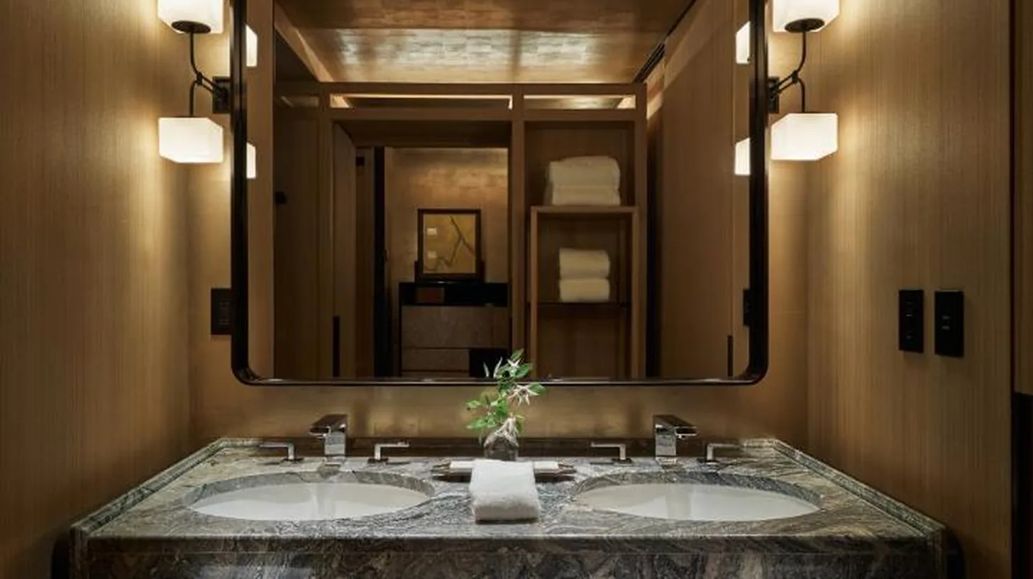 a bathroom with a large mirror and a sink at Park Hyatt Kyoto in Kyoto
