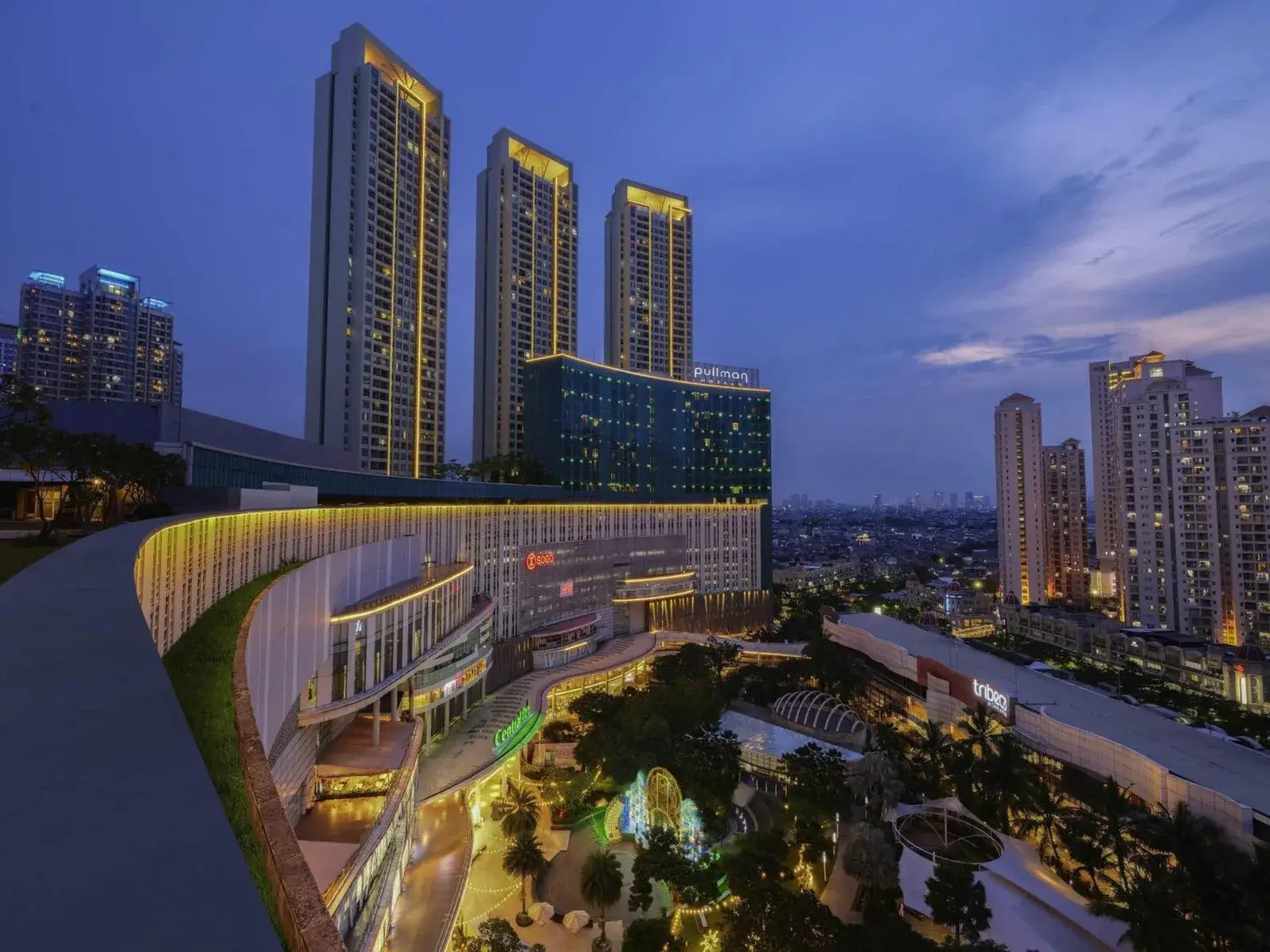 Exterior view of Pullman Jakarta Central Park hotel showcasing its modern architecture