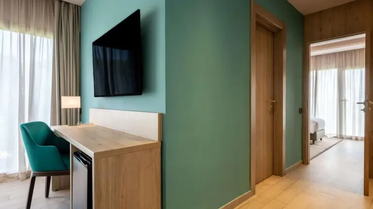 a room with a green wall with a desk and a television at Radisson Blu Resort Al Hoceima in Al Hoceïma