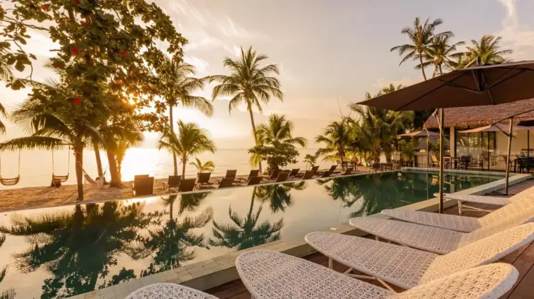 a resort swimming pool with chairs and the ocean at Samaraya Wellness Resort - Adults Only in Lipa Noi