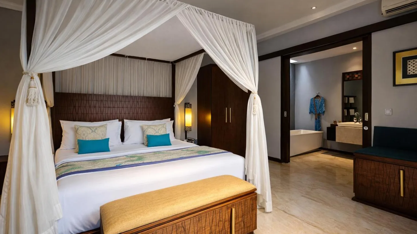 un dormitorio con una cama y una piscina en Seminyak Icon - by Karaniya Experience - CHSE certified en Seminyak