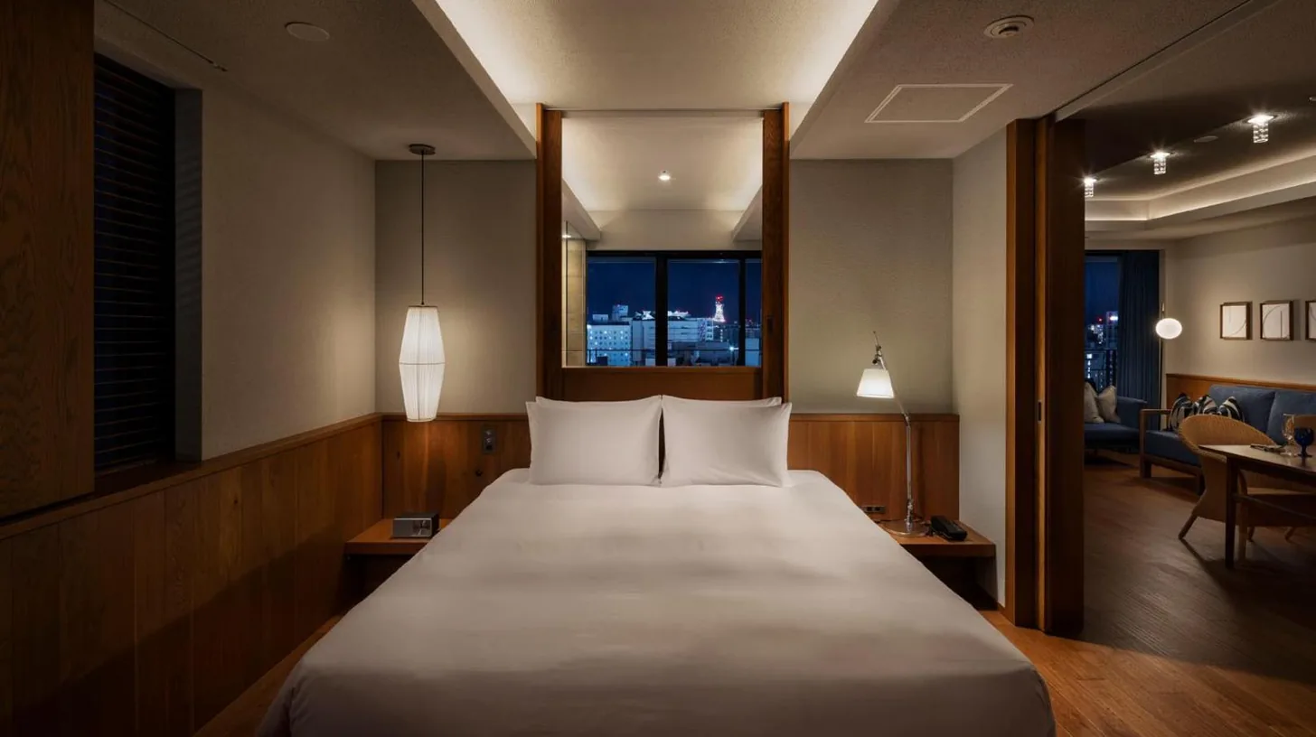 a large white bed in a room with a window at Southwest Grand Hotel in Naha