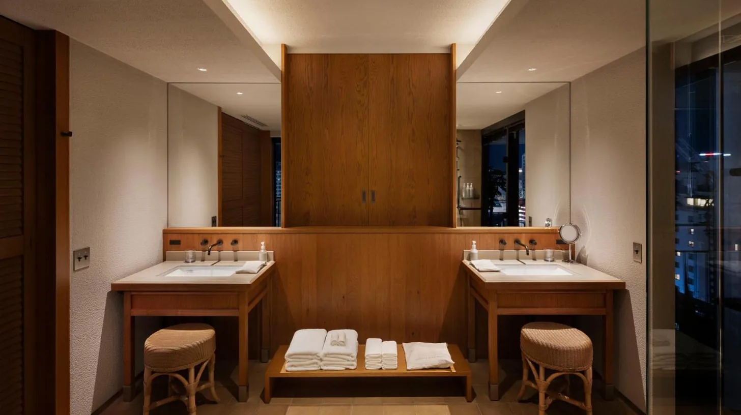 a bathroom with two sinks and two mirrors at Southwest Grand Hotel in Naha