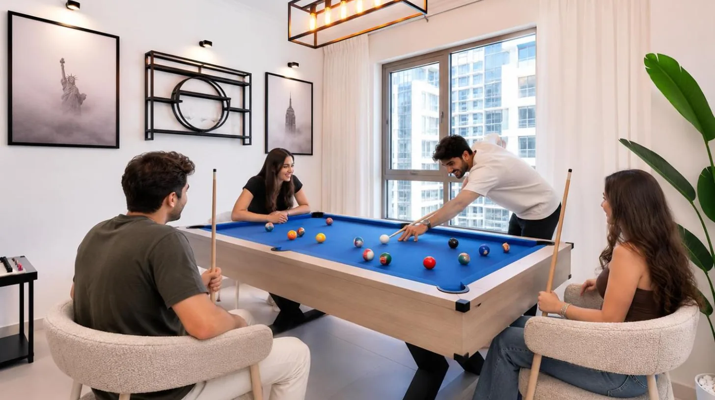 a group of people sitting around a pool table at the 'New York' Condo - 4BR Executive Burj Khalifa Suite in Dubai