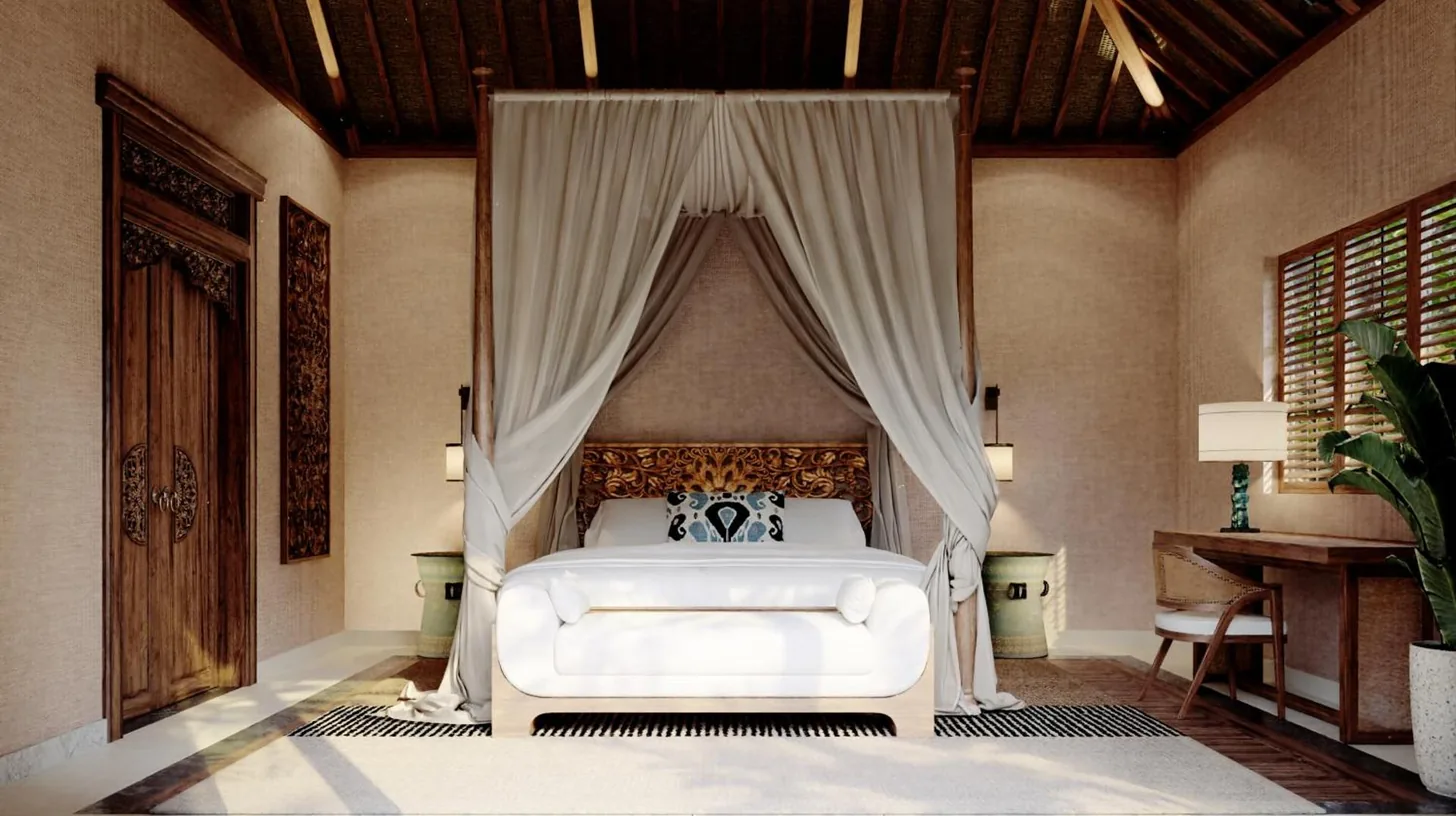 a bedroom with a white bed with a canopy at The One Boutique Villa & Spa Seminyak in Seminyak