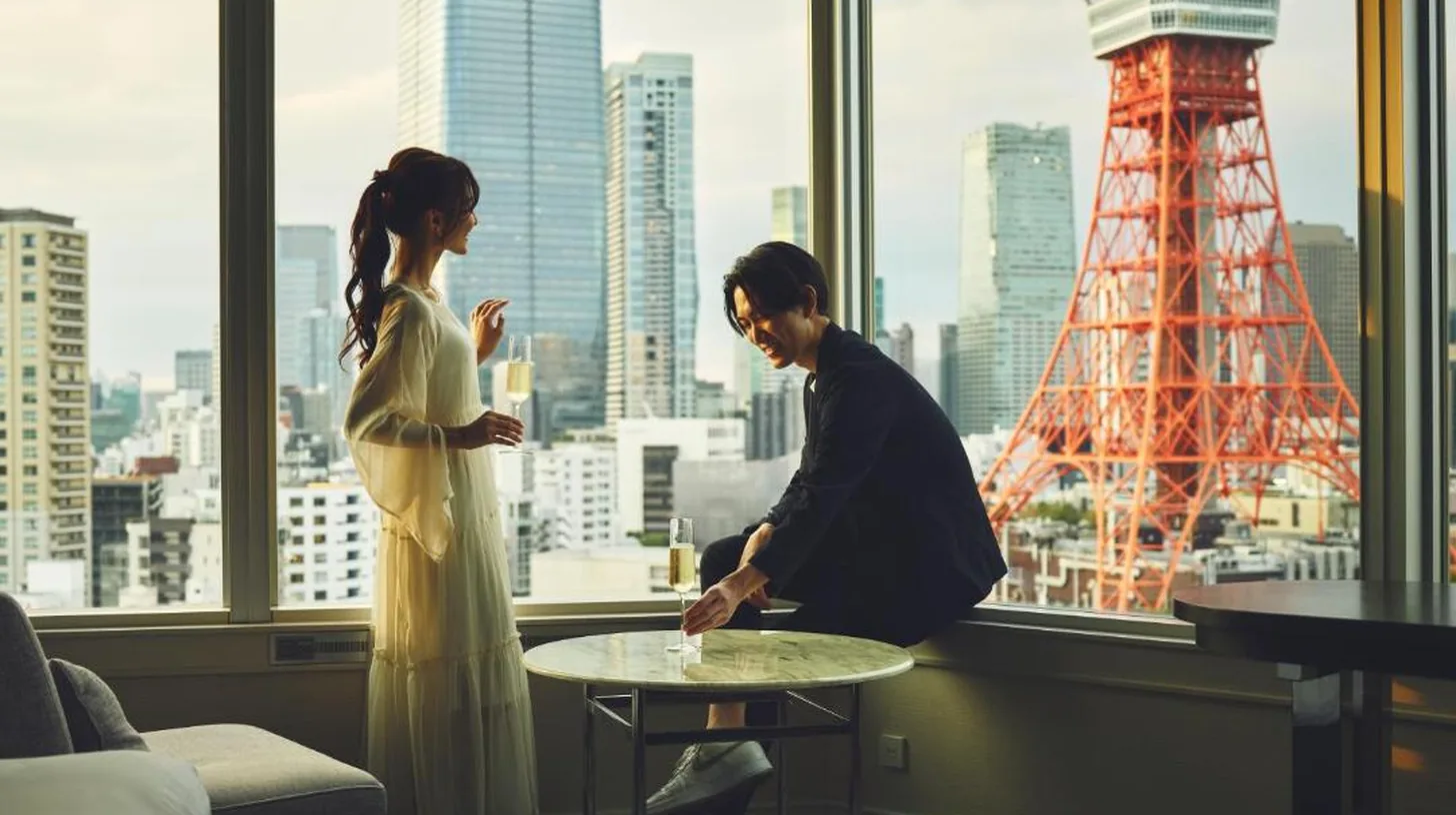 a man and a woman sitting at a table in a window at The Prince Park Tower Tokyo - Preferred Hotels & Resorts