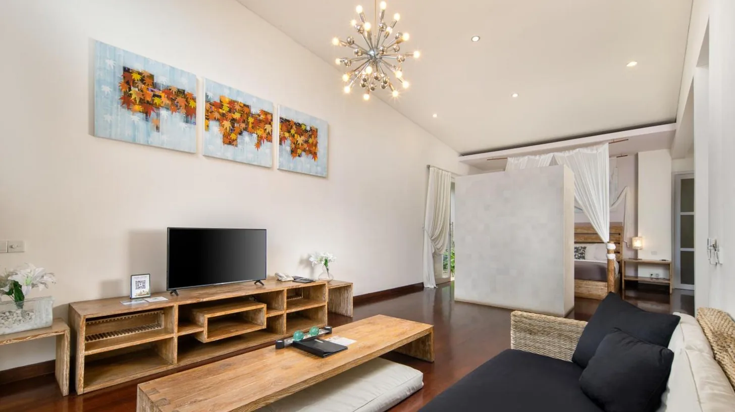a living room with a couch and a tv at The Seiryu Boutique Bali Villas in Seminyak