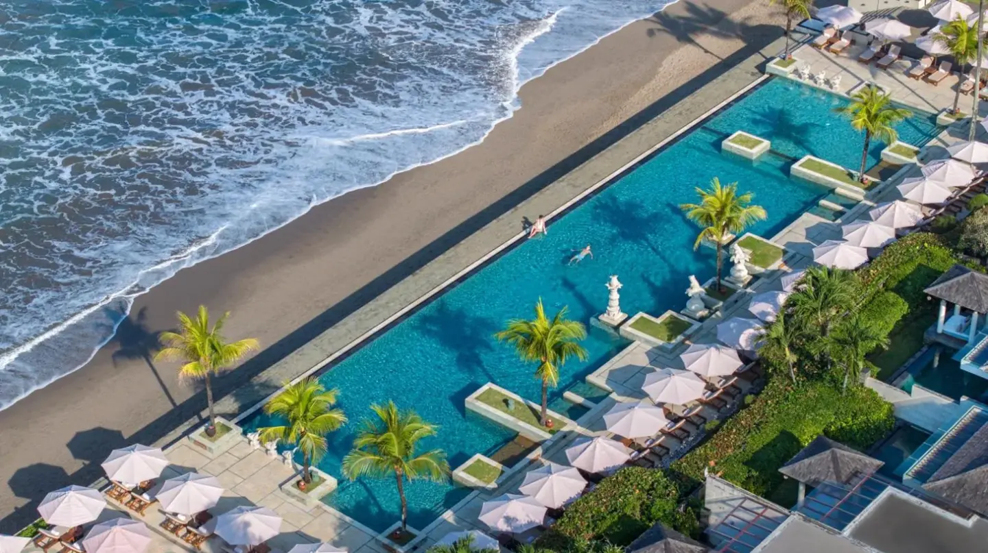 an aerial view of the beach and the ocean at The Seminyak Beach Resort & Spa in Seminyak