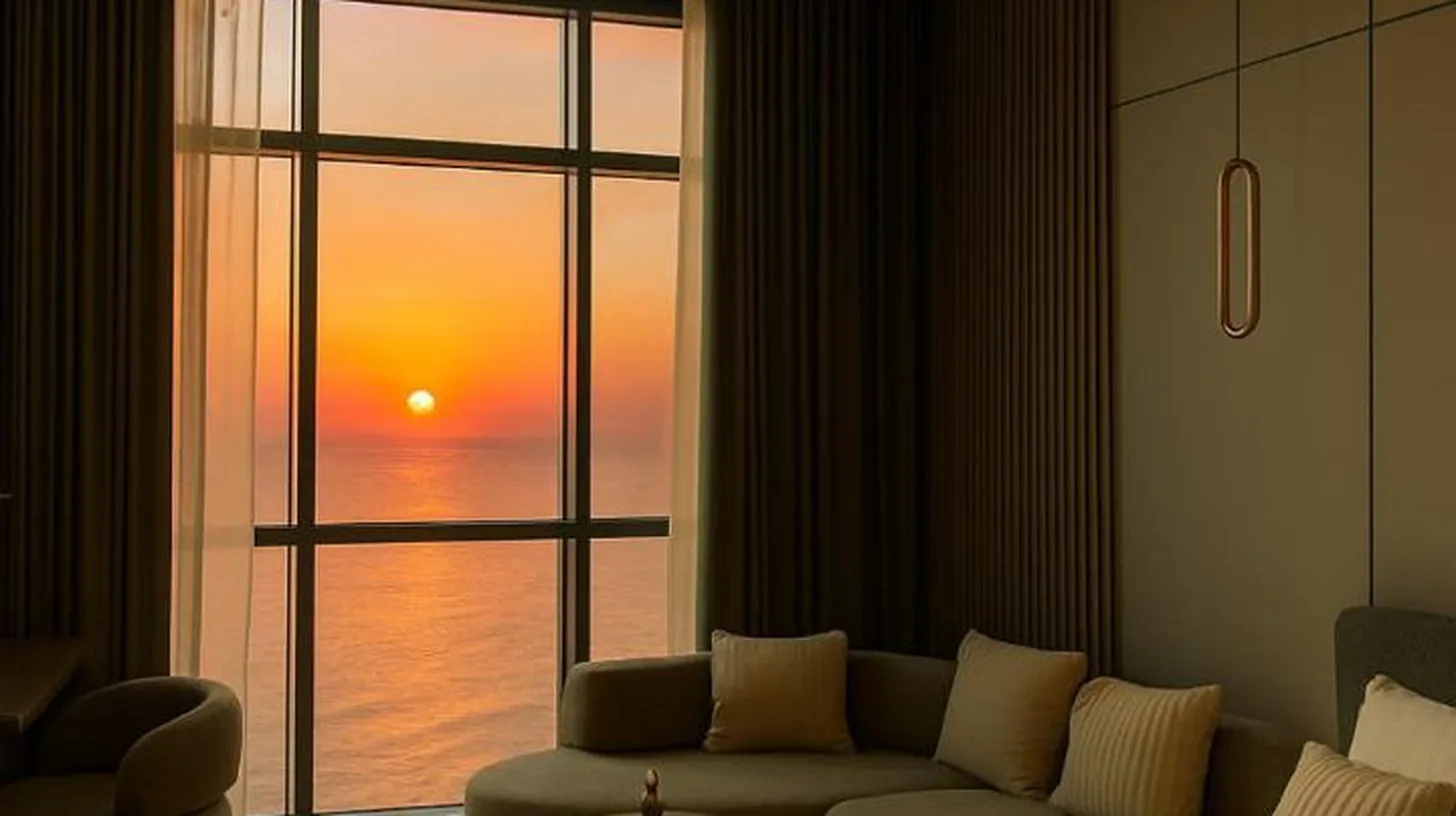 une chambre avec un lit, un miroir et une chaise à TOP VIEW Beachfront